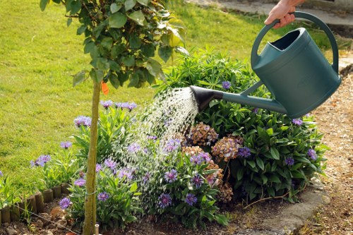 Technician using modern lawn mowing equipment